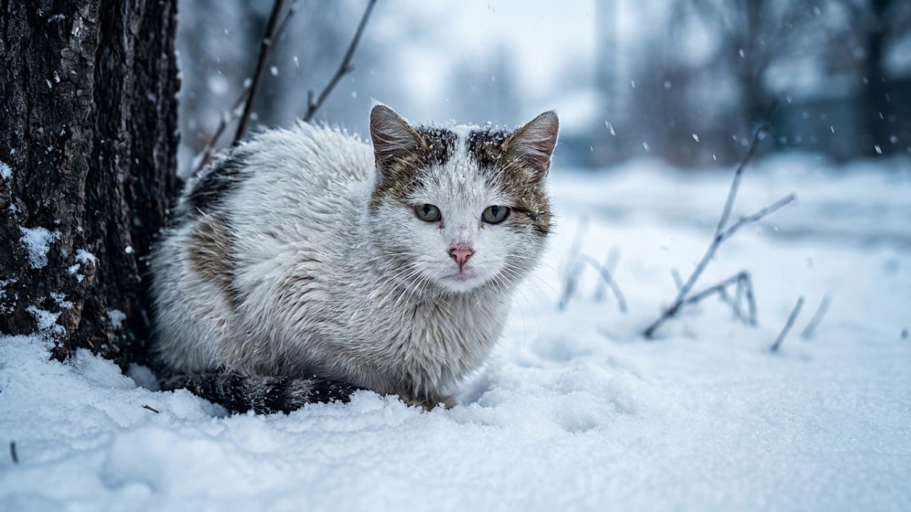 Winter Frost Has Frozen Everything ❄️ A Hungry Homeless Cat Wanders and Meows for Food on the Street
