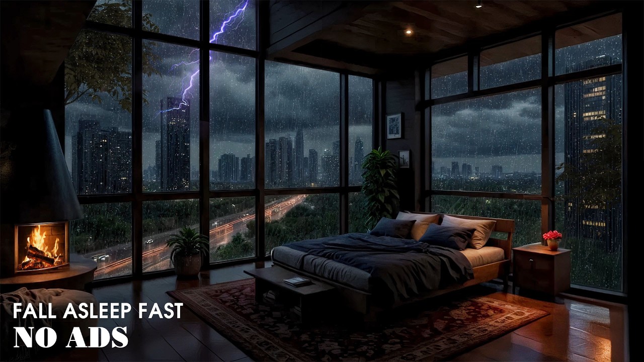 No Ads | Heavy Rain & Rolling Thunder in the City 🌆 Deep Sleep, Relaxation & Calm Mind , Focus