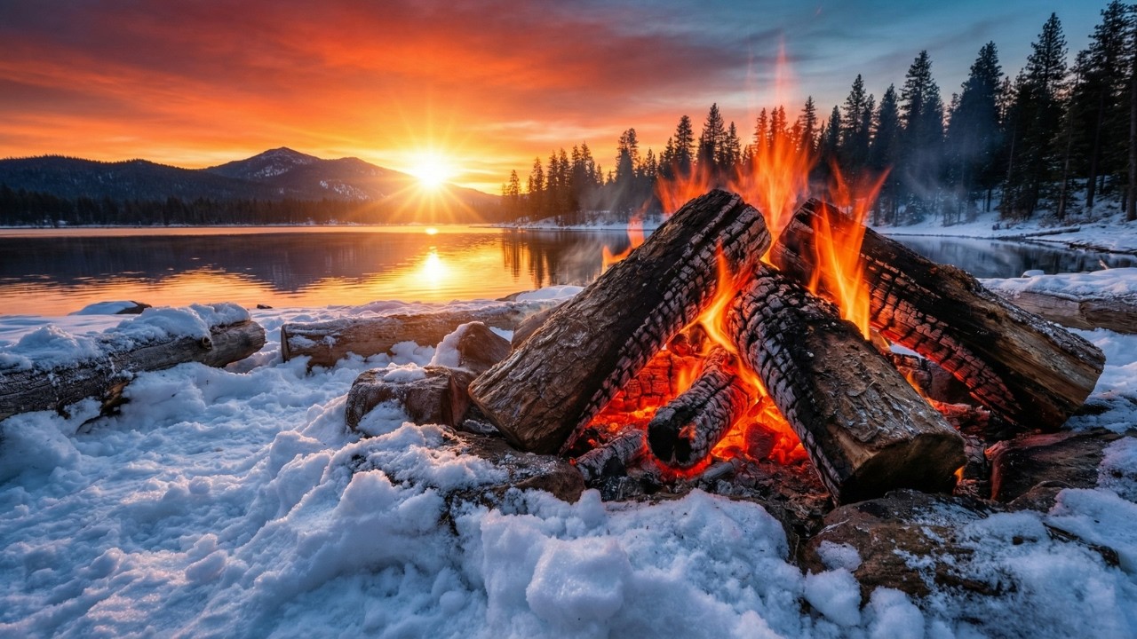 Cozy Campfire in the Snow 🔥 Winter River Sunset | Deep Relaxation & Calm Vibes