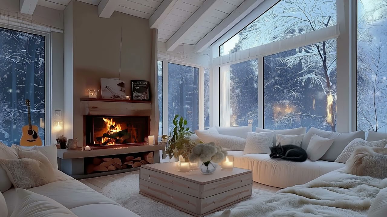 ❄️ Silent Winter White Piano | Cozy Fireplace & Snowy Forest Lounge | Deep Calm for Focus & Sleep