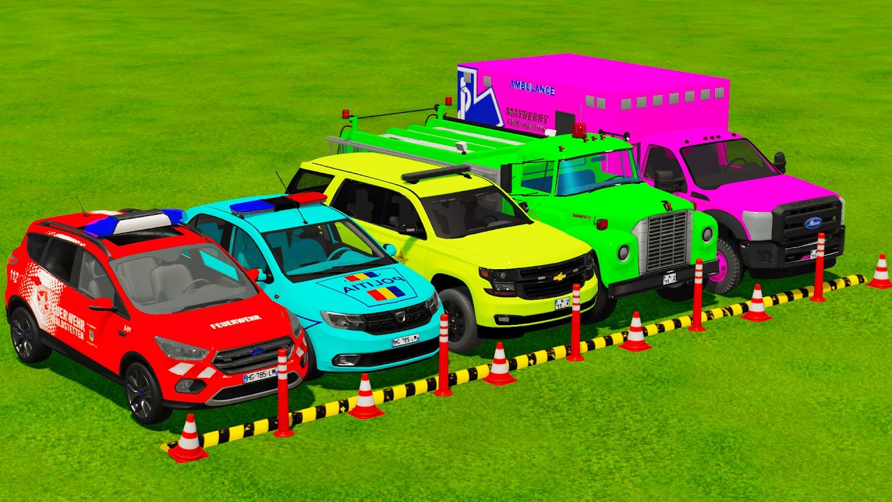 TRANSPORTING COLORS CAR FORD, DACIA, TAHOE, FIRE AND AMBULANCE DEPARTAMENT WITH MAN TRUCK
