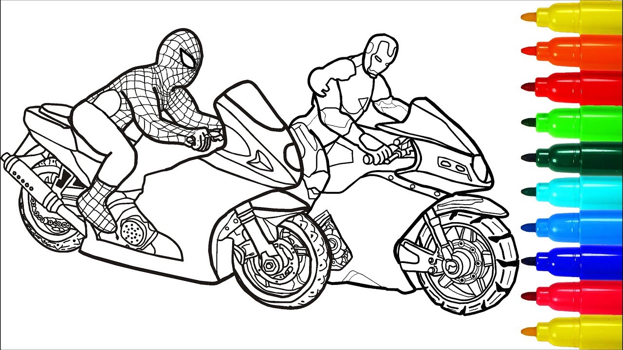 Spiderman Iron Man On Motorcycles Coloring Pages | Colouring Pages for Kids with Colored Markers