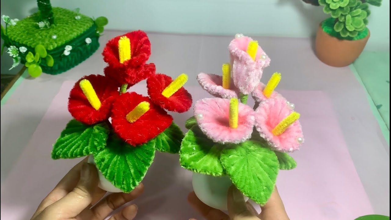 Hướng dẫn cách làm chậu hoa Hồng Môn mini bằng kẽm nhung