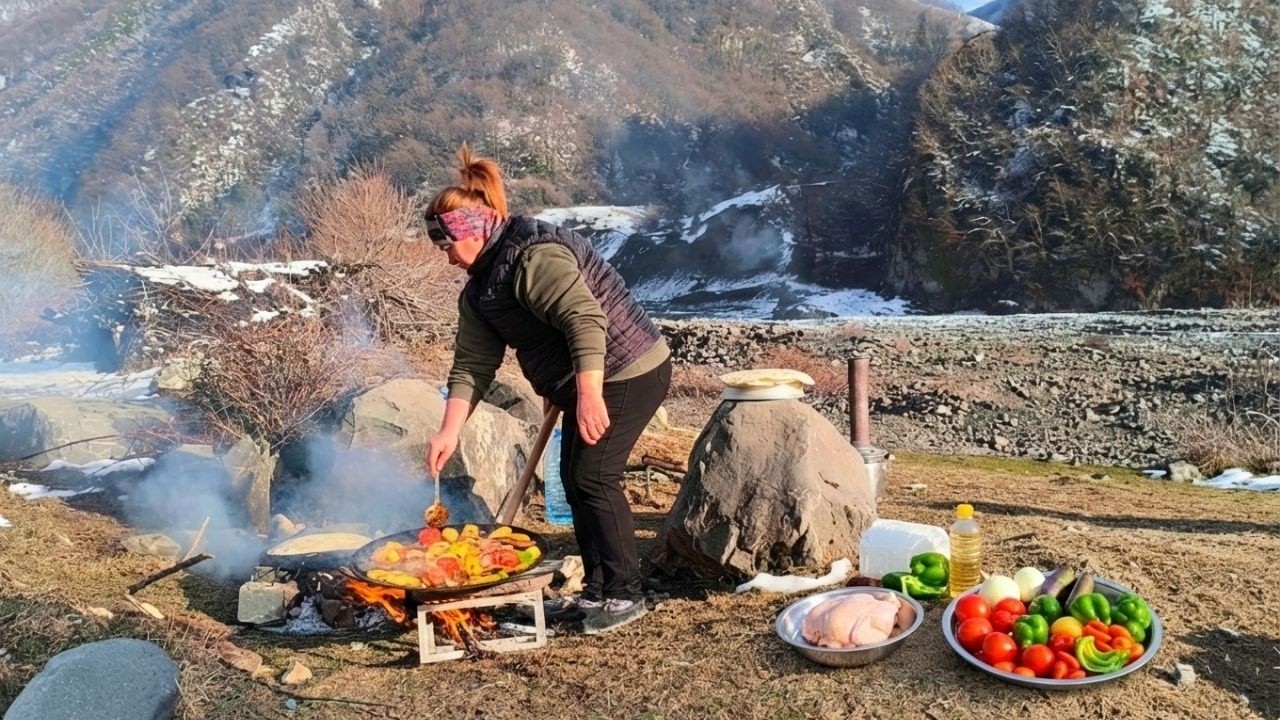 Winter River Chicken Saj | Quiet Mountain Outdoor Cooking ❄️🔥