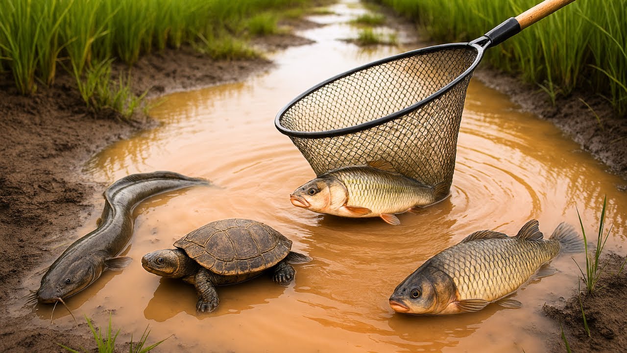 Wow Best Hand Fishing! Catch Fish and Turtle in Muddy Shallow Water!