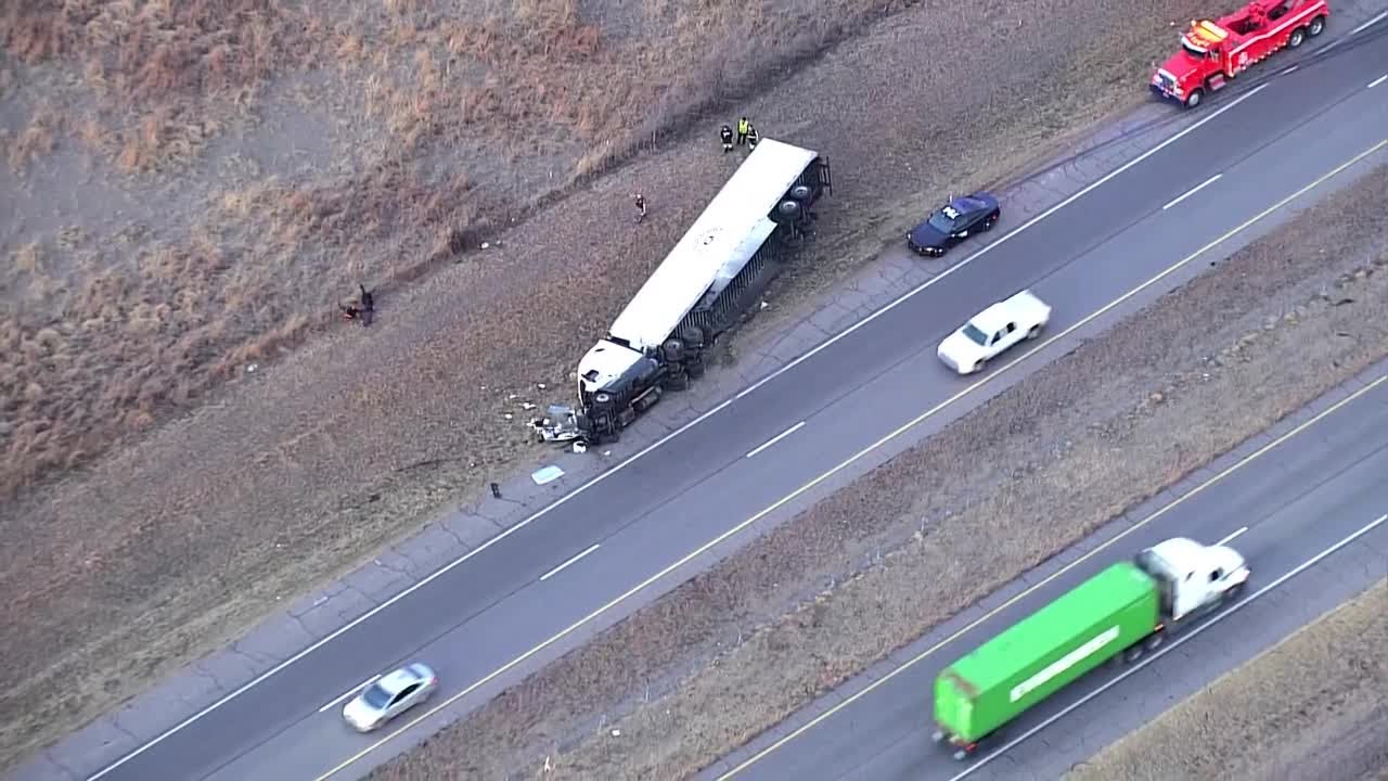 Person seriously injured after crash involving rolled-over semi on I-35 near Goldsby