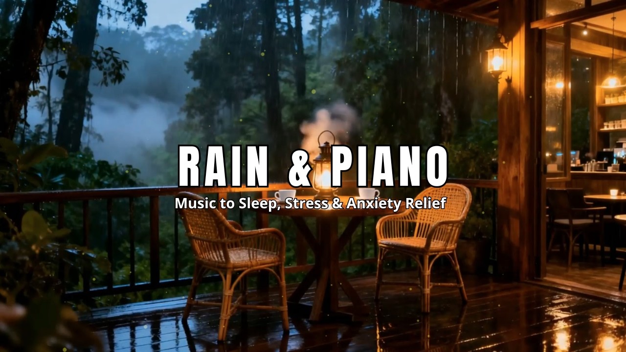 Gentle Piano & Heavy Rain Ambience | Intimate Forest Cafe Night for Sleep