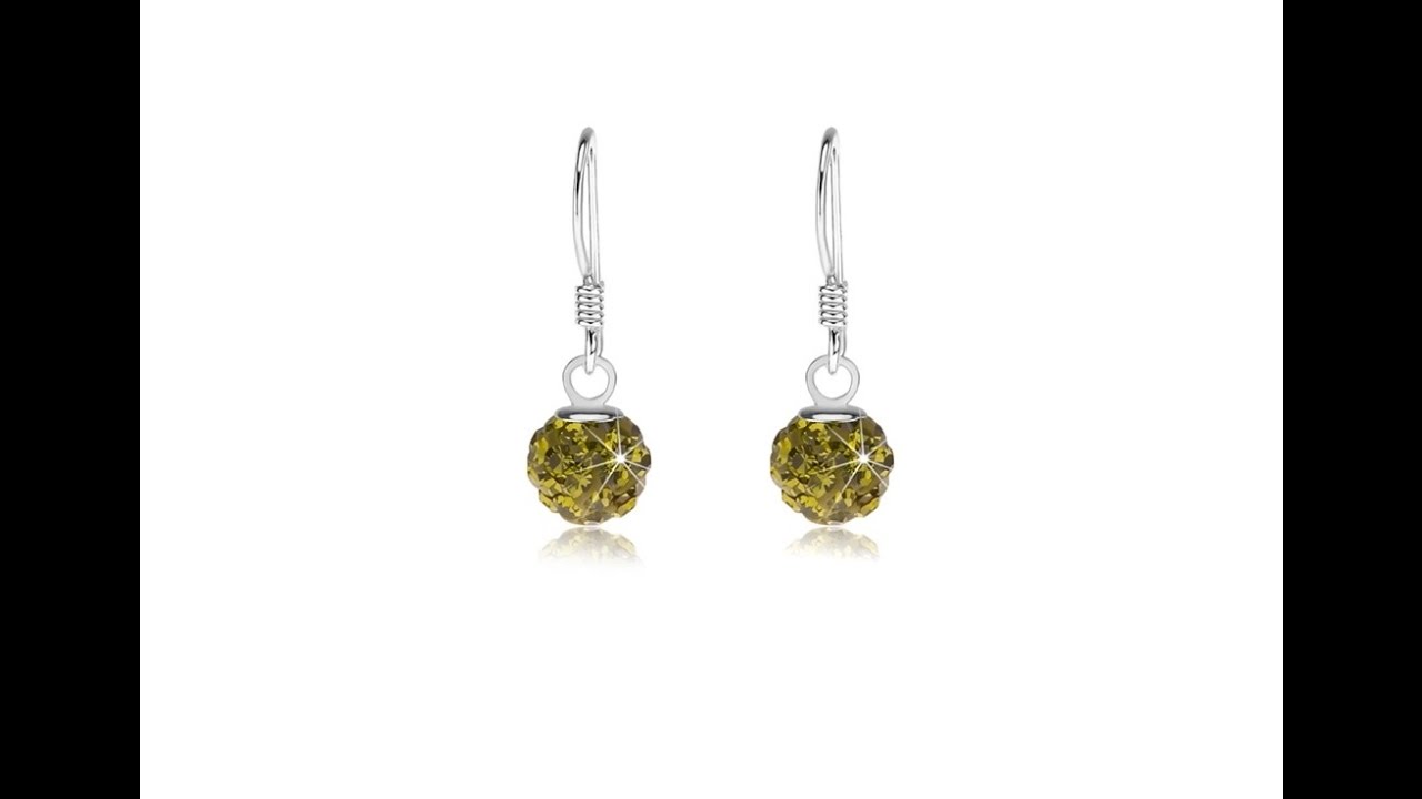 Jewellery - Ball 925 silver earrings, Preciosa crystals in green colour, 6mm
