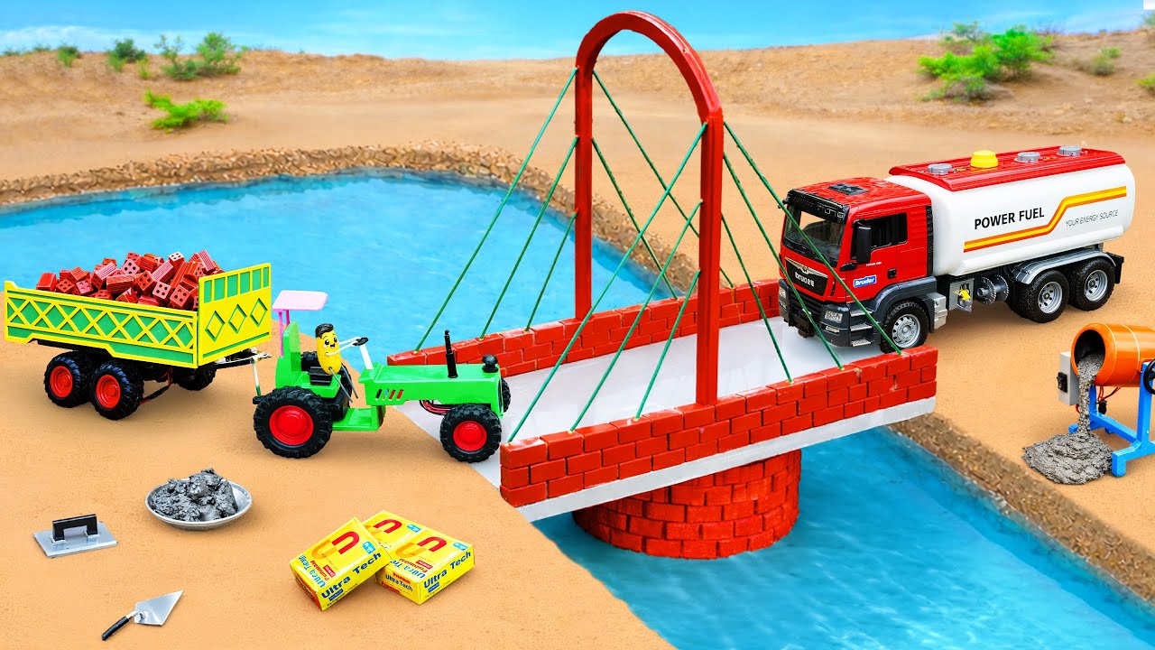 DIY Mini Tractor Builds Brick Bridge Cement Mixing & Toy Construction Over River | DIY Tractor Kings