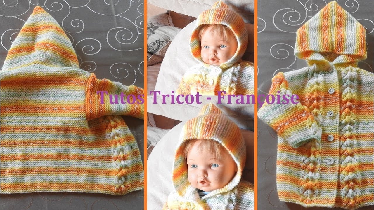 Tuto Tricot Veste à capuche 0/3 mois - 6/9 mois - 10/12 mois - Capuche & dos & devants en 1 pièce