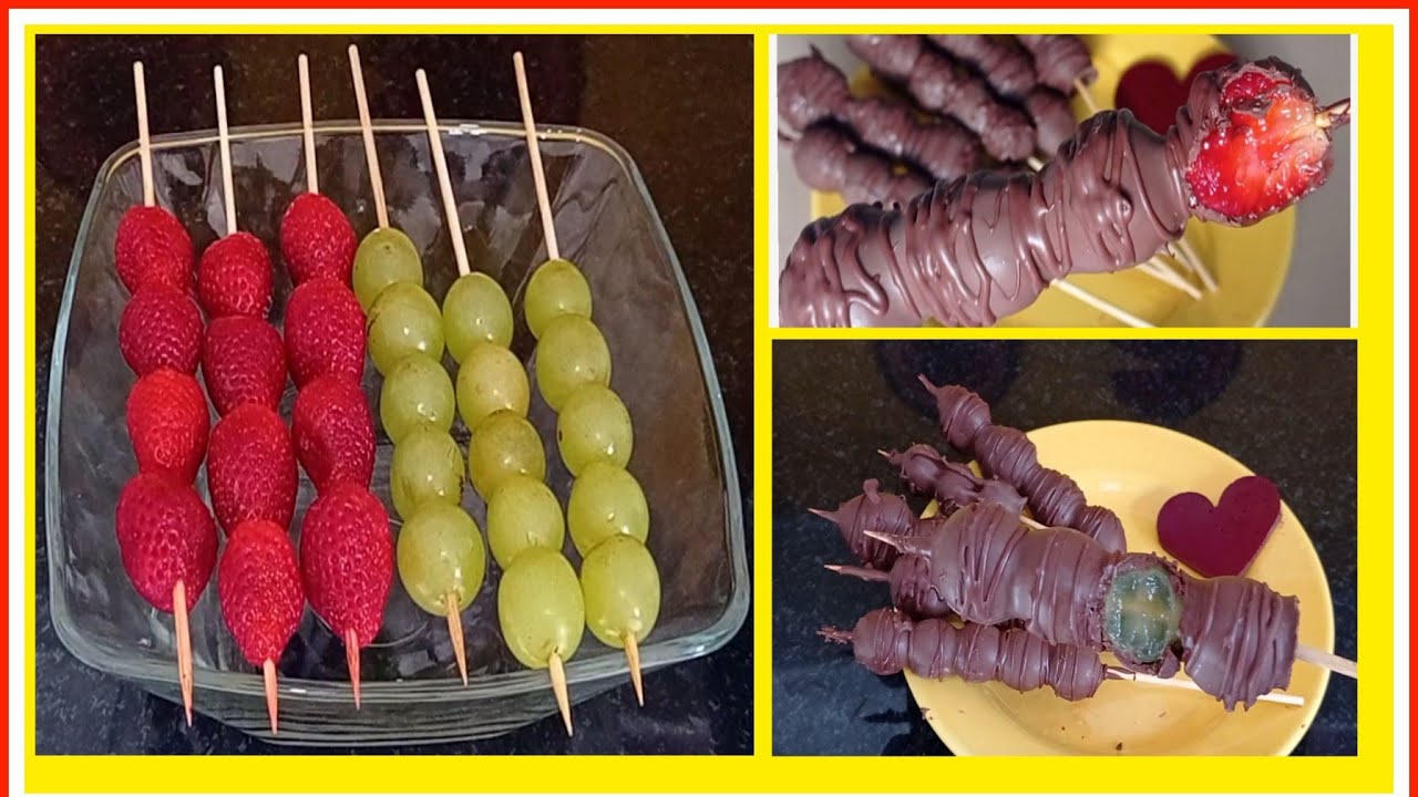 Como fazer espetinho de uvas e morangos de chocolate fácil