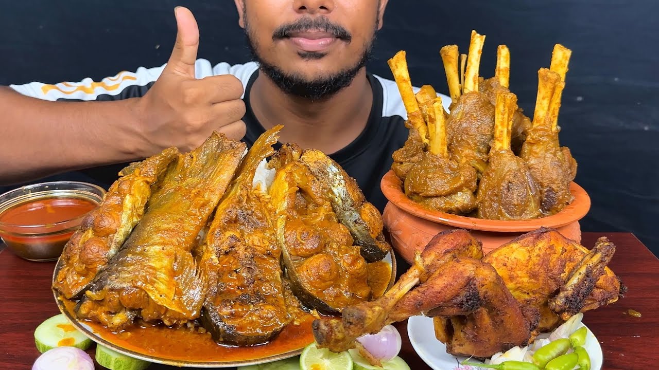 Eating Spicy Fish Curry,Mutton Nalli Curry,Desh Chikhen Fry With Rice Salat || Asmr Mukbong Show