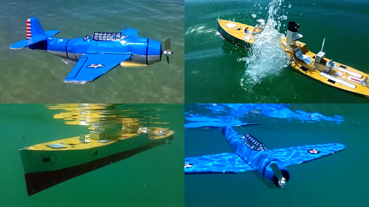 Cardboard ship sinking, Avenger warplanes attacking a destroyer model, miniature World War II