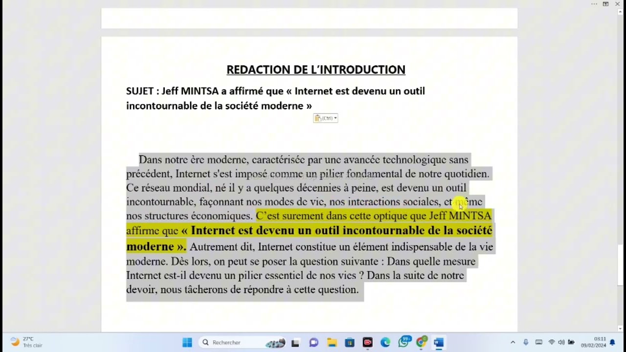 Méthodologie Travail d'écriture  - L'INTRODUCTION / texte argumentatif en Français