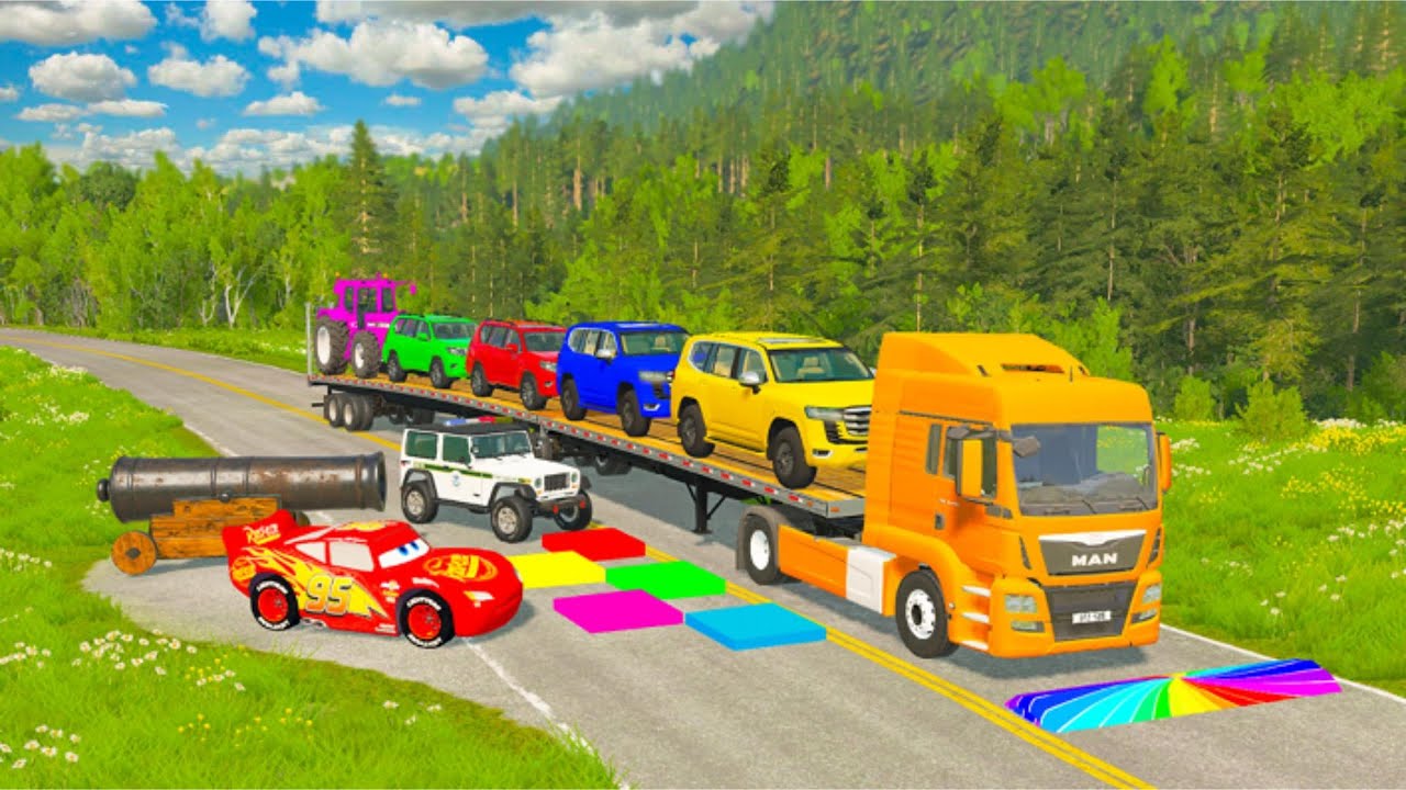 TRANSPORTING PIXAR CARS & FRUITS WITH COLORED & JOHN DEERE vs CLAAS vs TRACTORS - BeamNG.drive #983