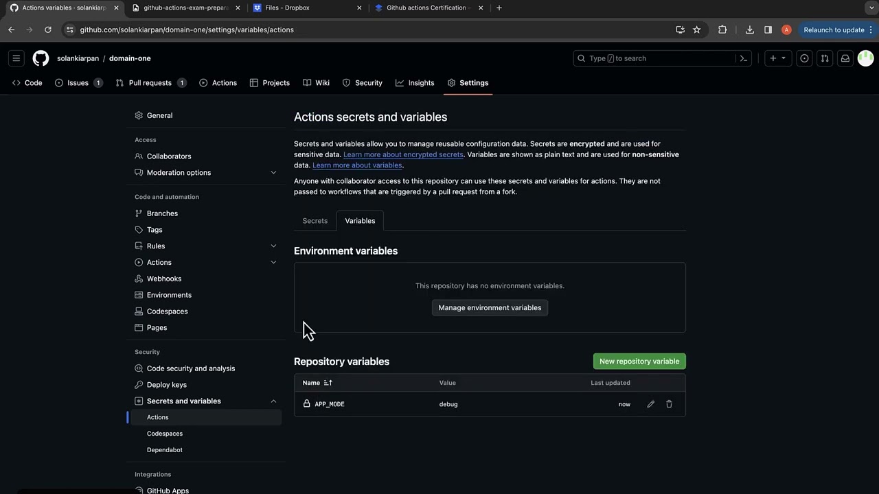 Github Actions Certification - Set Environment Variables from UI