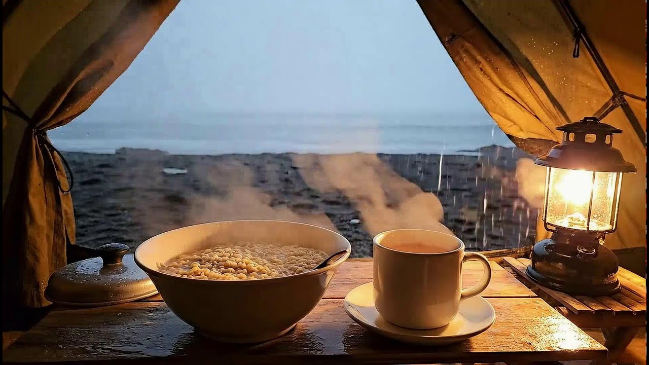 Heavy Rain Solo Beach Camping: Cozy Ramen & Ocean ASMR 🌧️ #SoloCamping