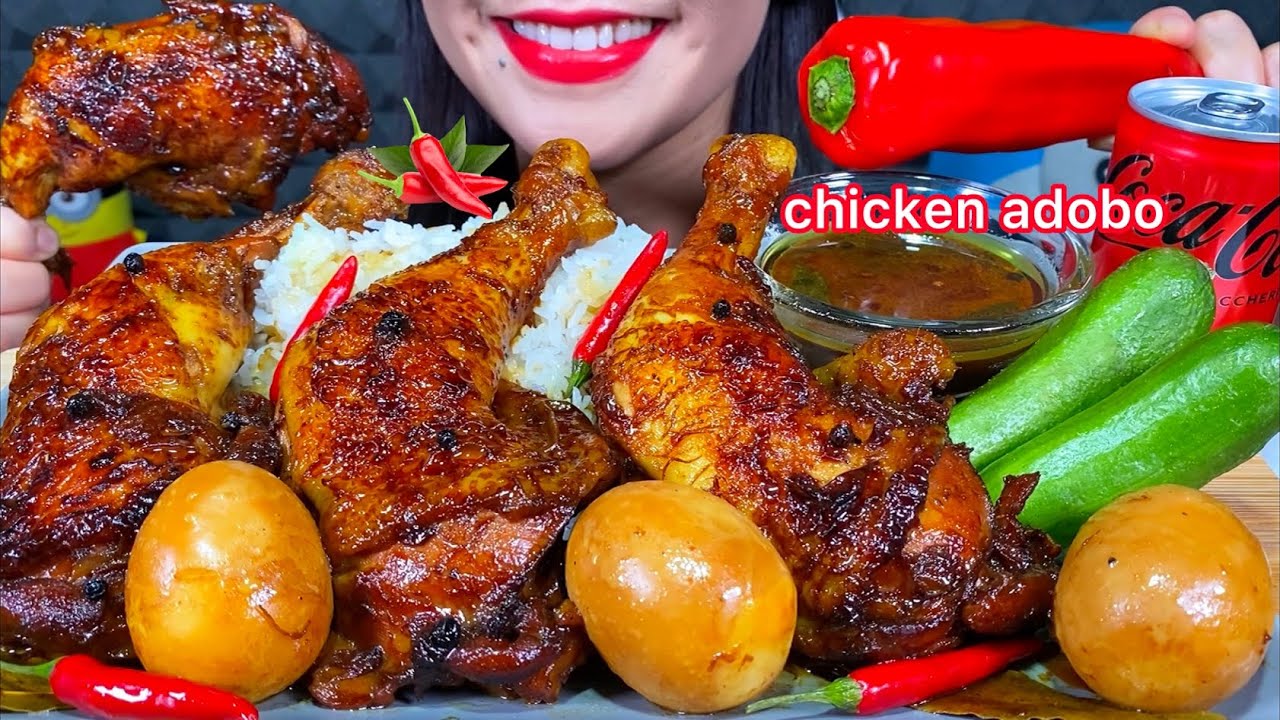 ASMR CHICKEN ADOBO, EGGS, RICE, HOT CHILI, SWEET PEPPER MASSIVE Eating Soun