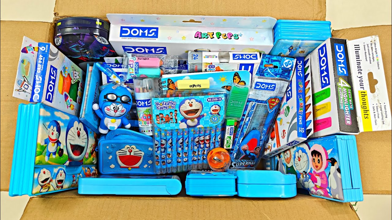 Unboxing Doraemon Toy Stationery & Doms  Stationery Items, Wax Crayons, Pencil Case, Poster Colour