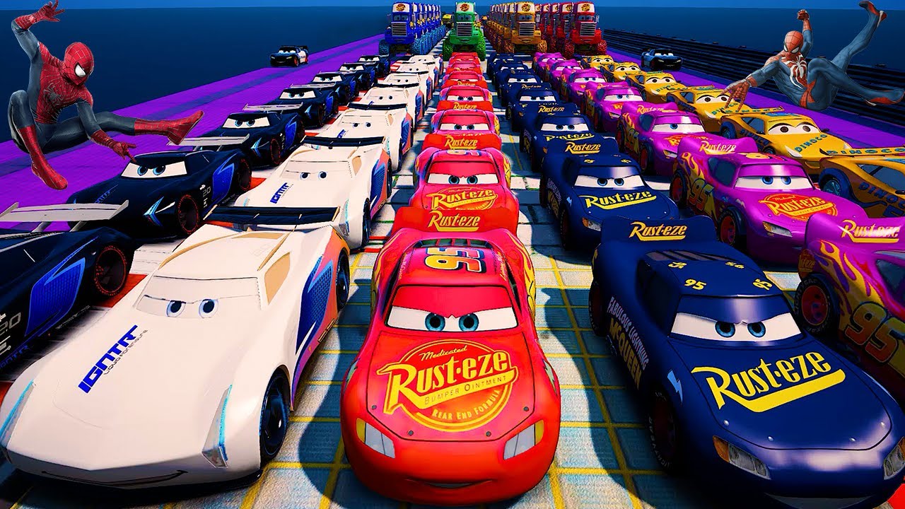 GTA 5 SPIDERMAN Cars Challenge Lightning & Monster McQueen Jackson Storm Miss Fritter & Friends Cars