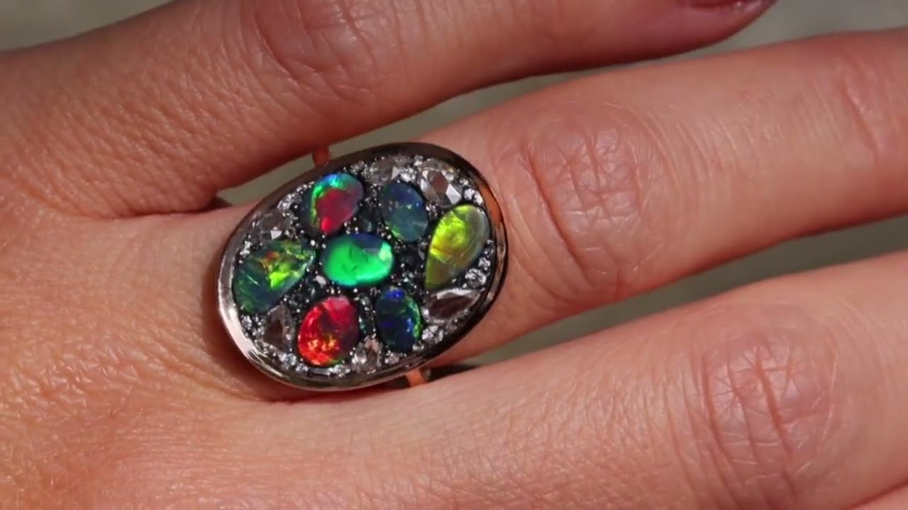 Black Opal Alexandrite & Diamond Mosaic Set Ring