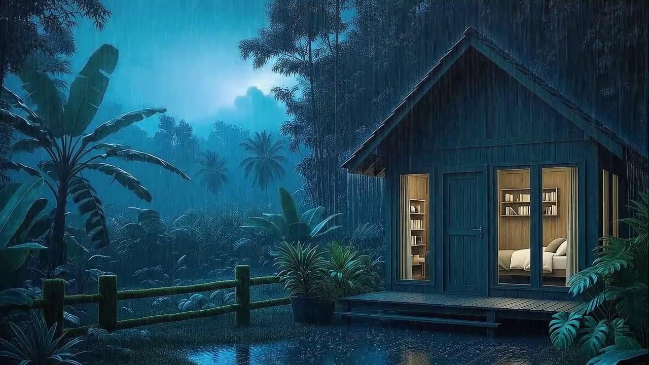 Gentle Rain and Distant Storm Slow Brain to Sleep in a Quiet Jungle Cabin 🌧️