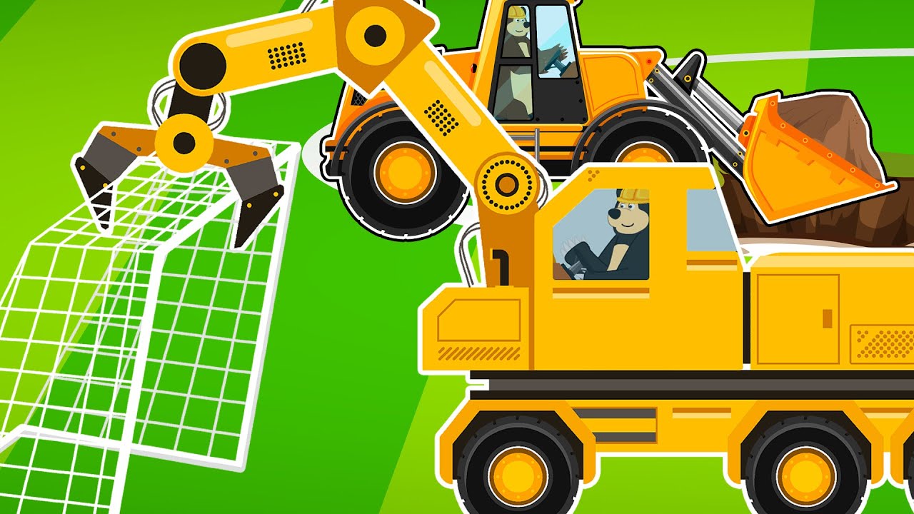 The Bear's Construction Build a football field -  Road Roller, Dump Truck, Wheeled crane