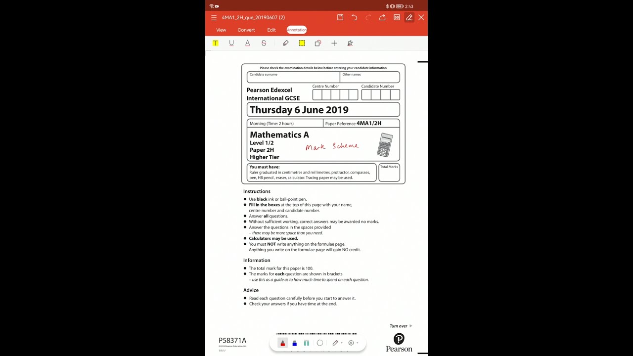 iGCSE Edexcel Mathematics A Paper 2H 2019