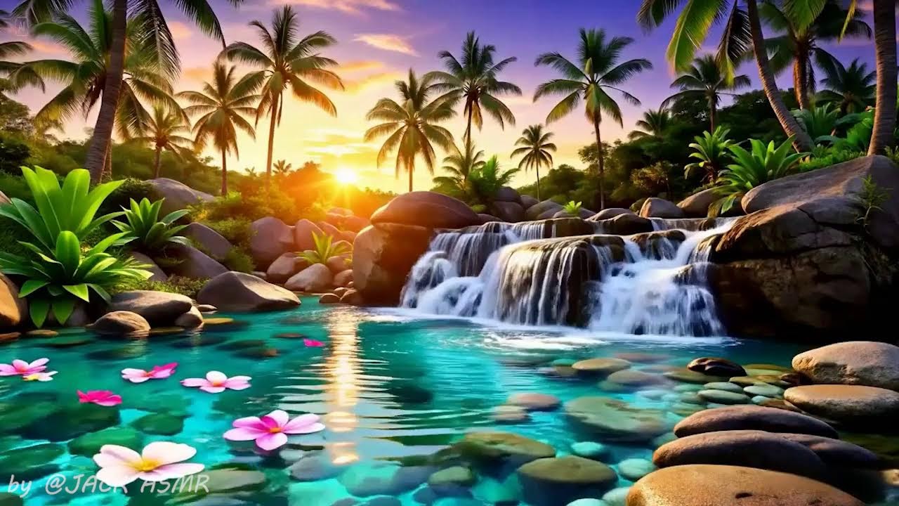 🌴 Tranquil Sunset Waterfall Oasis 🌊 Natural River Sounds for Stress Relief