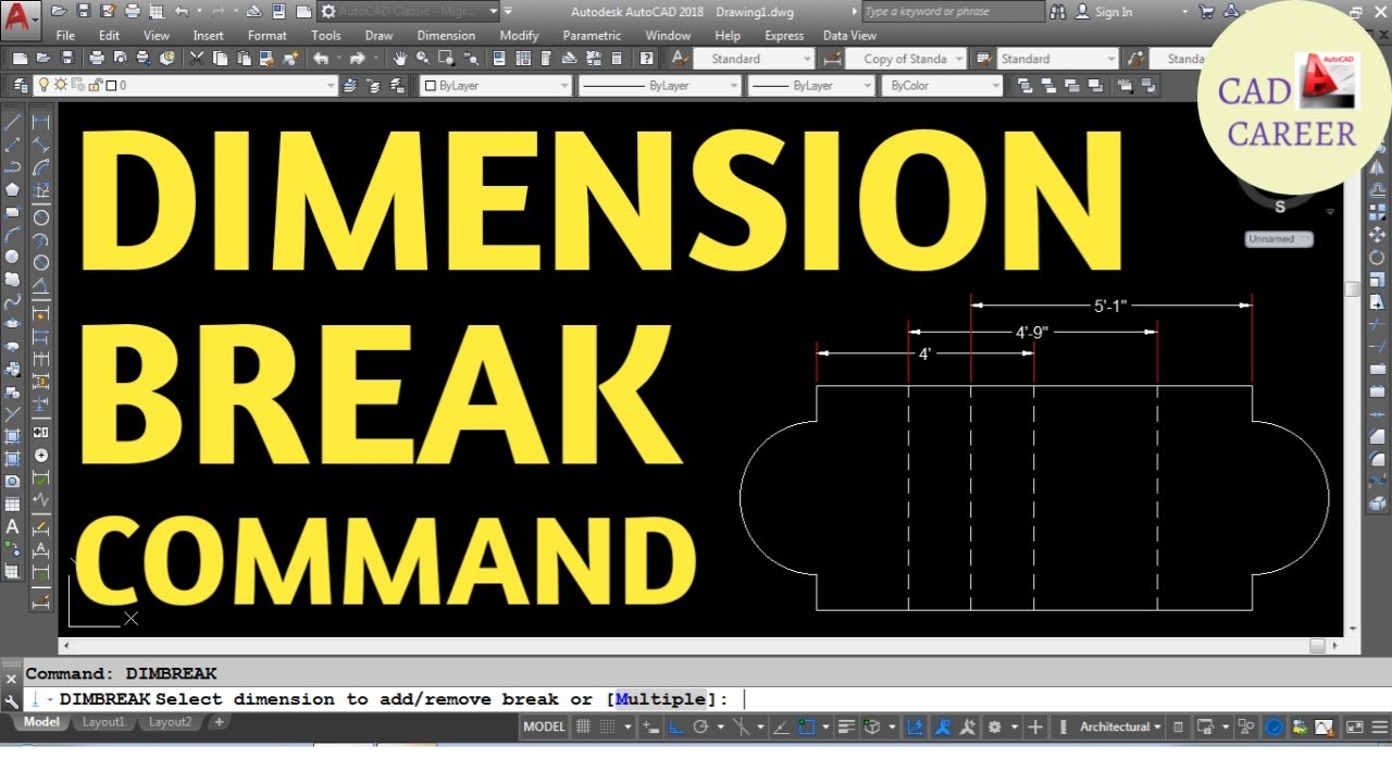 DIMENSION BREAK COMMAND IN AUTOCAD (COMPLETE TUTORIAL) | DIMBREAK COMMAND | DIMENSION MENU COMMAND