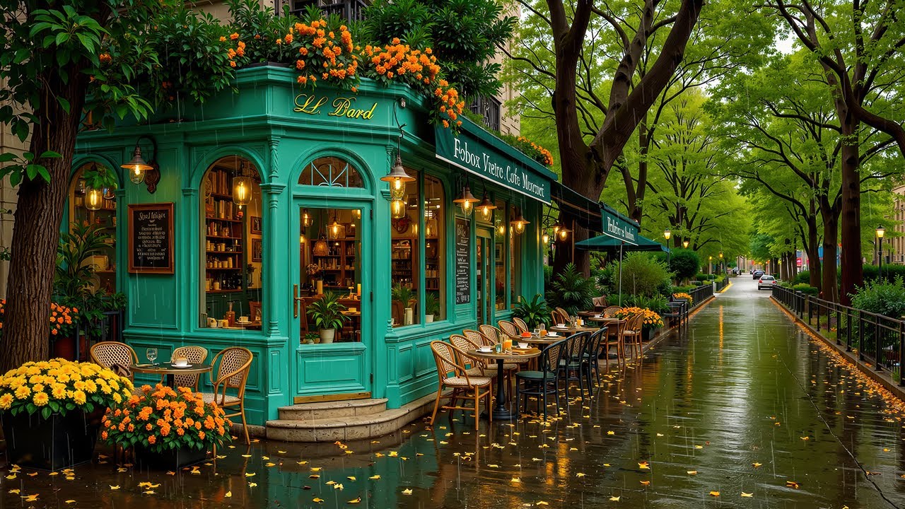 Rainy European Café Jazz ☔ Cozy Outdoor Coffee Ambience with Smooth Jazz Instrumental for Relaxation