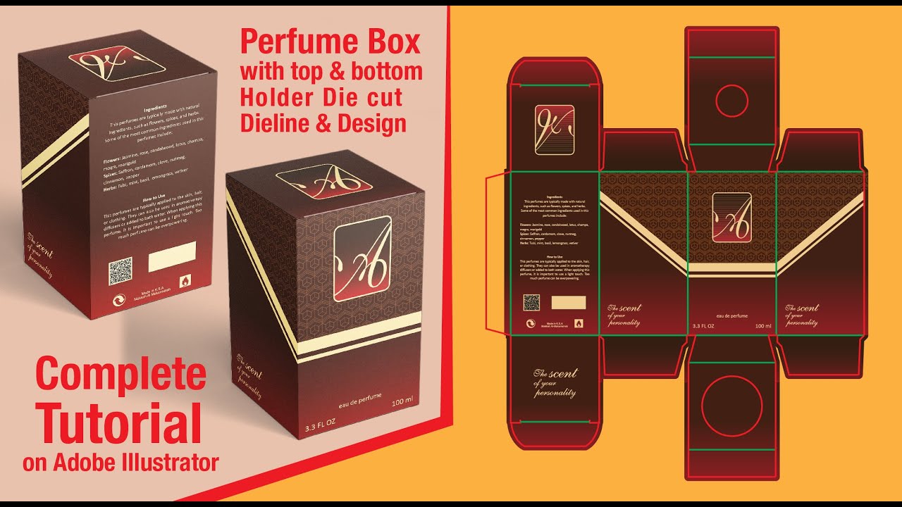 Perfume Box with Top and Bottom Holder Dieline / Die cut with Design Complete Tutorial