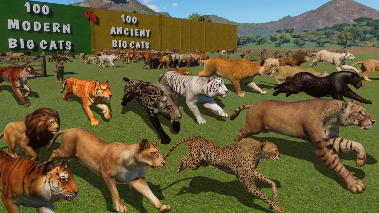 100 Big Cats VS 100 Ancient Big Cats Animals Race in Planet Zoo included Lion, Smilodon, & Cheetah