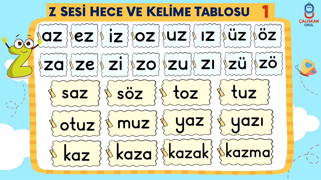 Z Sesi Hece ve Kelime Tablosu - Z Sesini Öğreniyorum - Yeni Müfredat Okuma Yazma Öğretimi