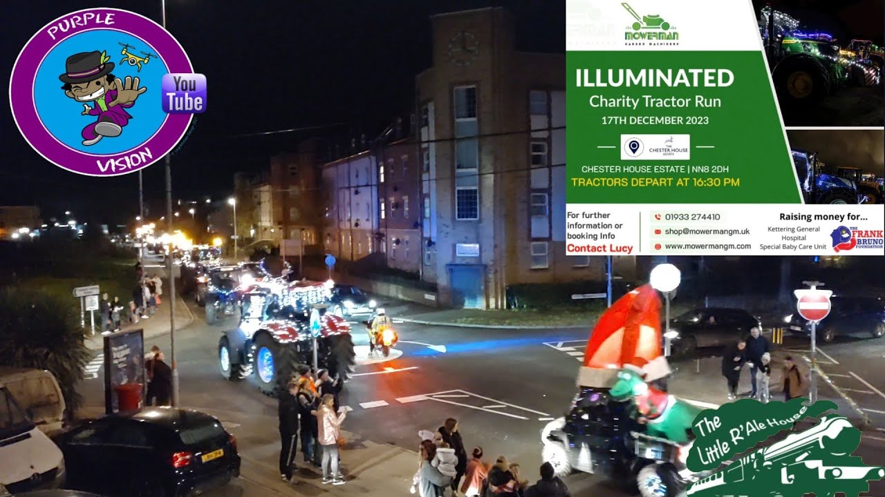 Illuminated Tractor Charity Run passing Wellingborough Embankment Stores