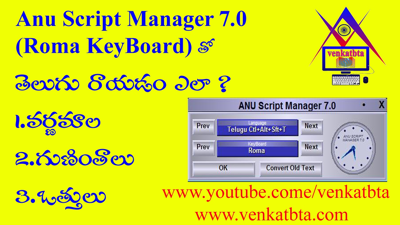 How to type telugu with Anu Script Manager 7.0 with Roma keyboard in MSWord/Photoshop/Pagemaker etc