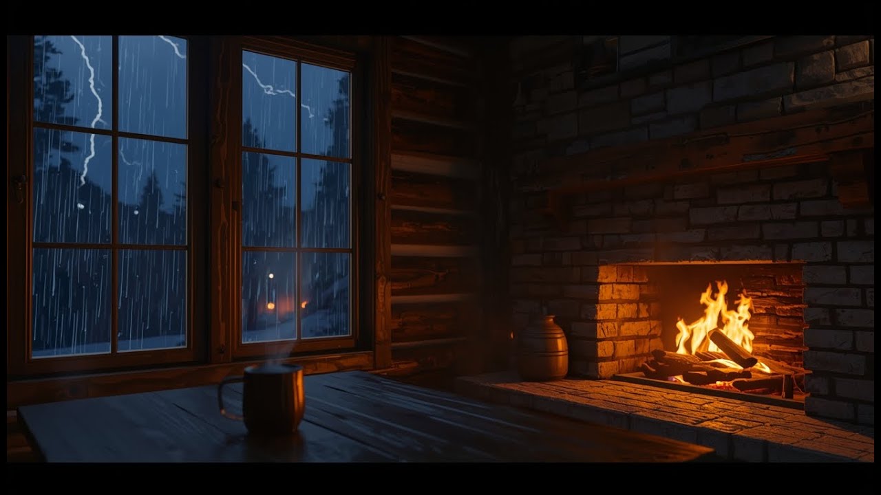 Peaceful Rain and Thunder with Fireplace for Relaxation and Comfort
