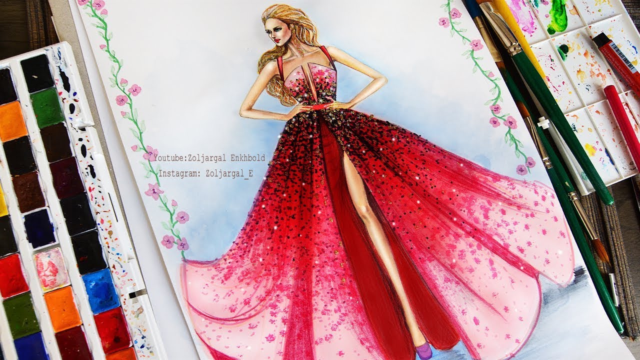 Red Ombre Fashion Dress Illustration Painting for Beginners