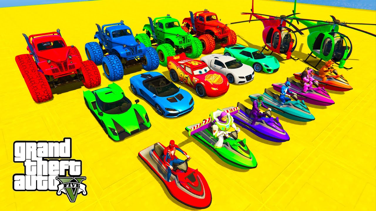 GTA V Spiderman Crazy Car Racing! Epic Stunt Map Challenge with Monster Truck, Super Cars, Planes