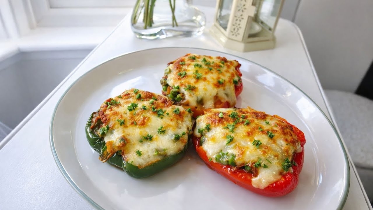 Stuffed Peppers with Beef, Peas & Melty Cheese | Easy Oven Recipe