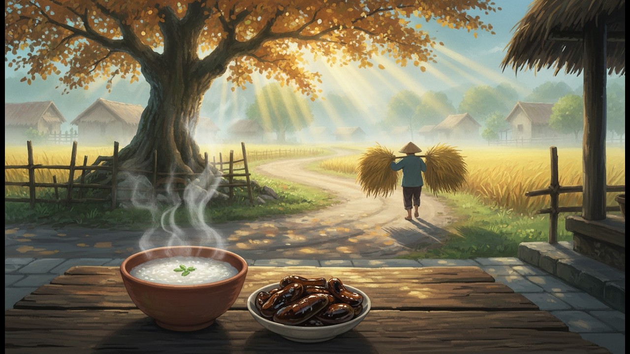 early autumn morning on the village road rice porridge a gentle promise