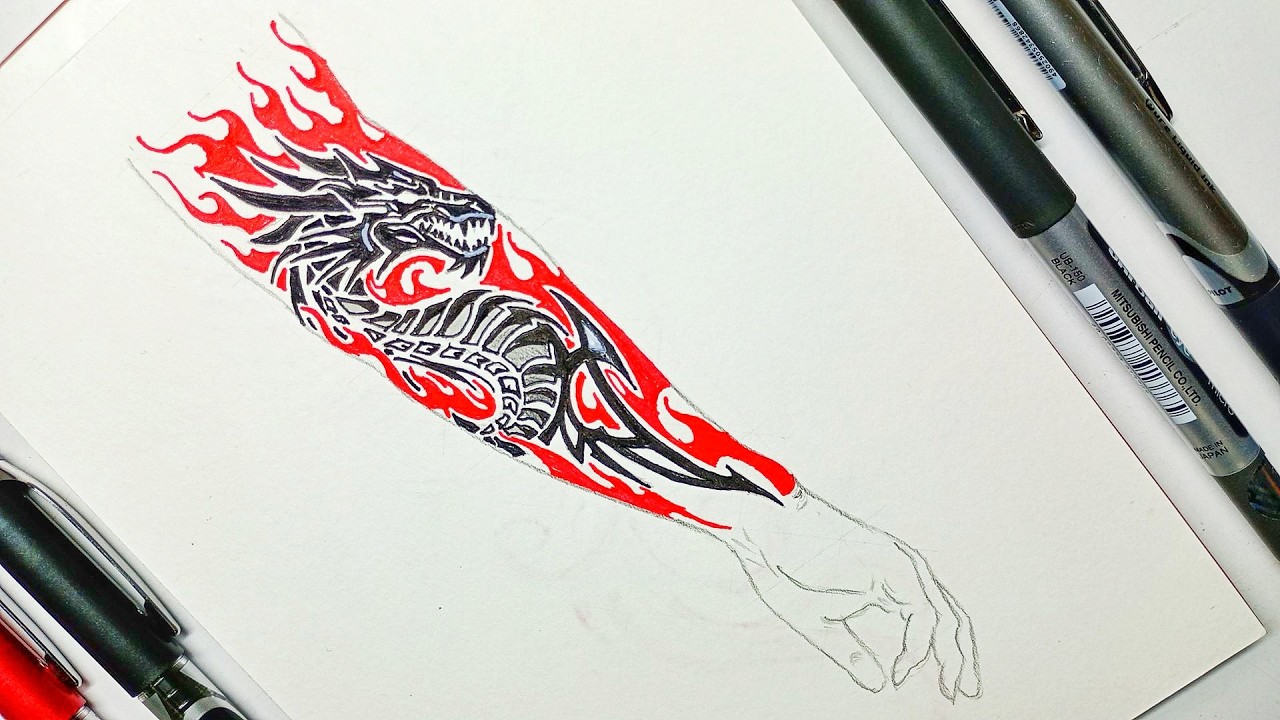How to Draw an Aggressive Tribal Dragon | Red & Black Ink Art Tutorial
