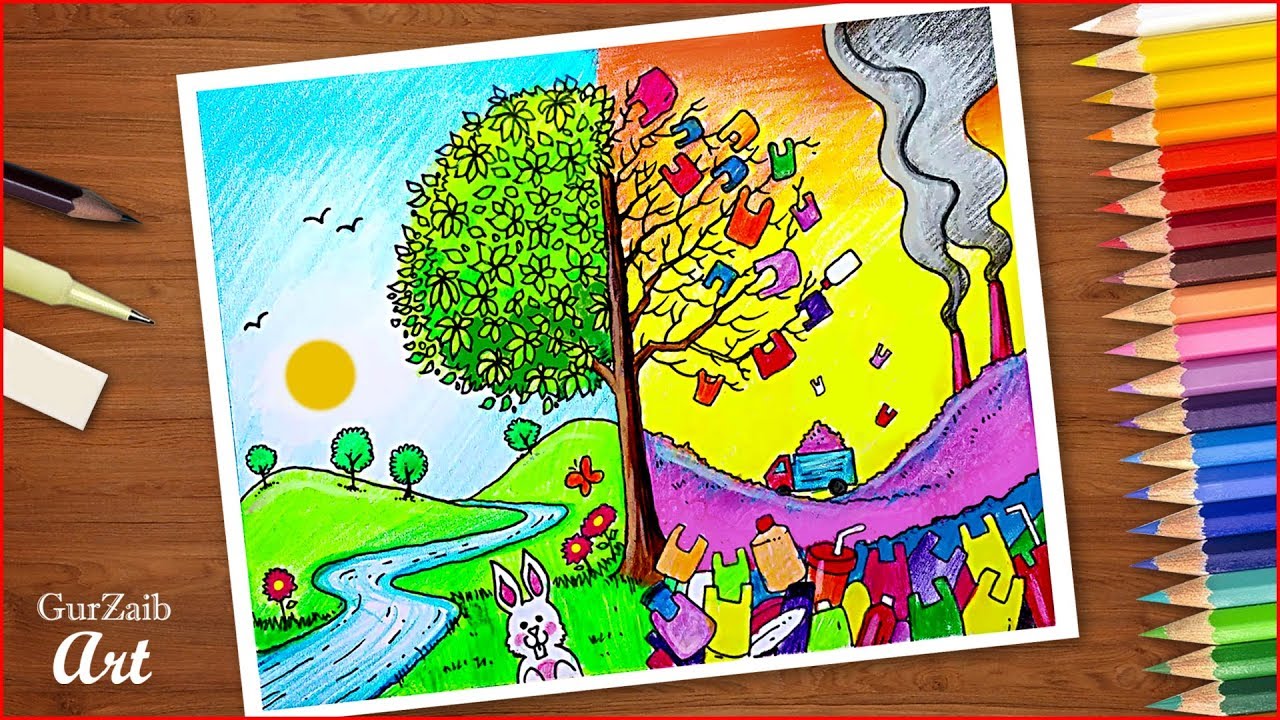 Plastic mukt bharat poster drawing || Ban Plastic project for competition - pollution free India