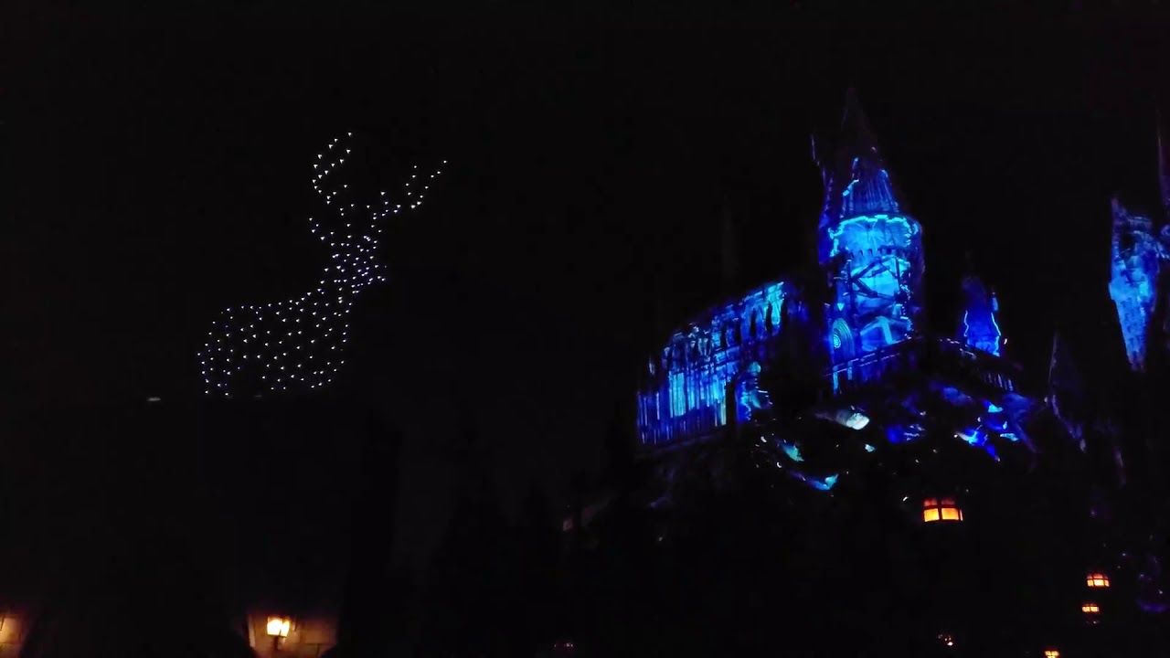 Drones build to a patronus at Universal Hollywood's Dark Arts at Hogwarts show