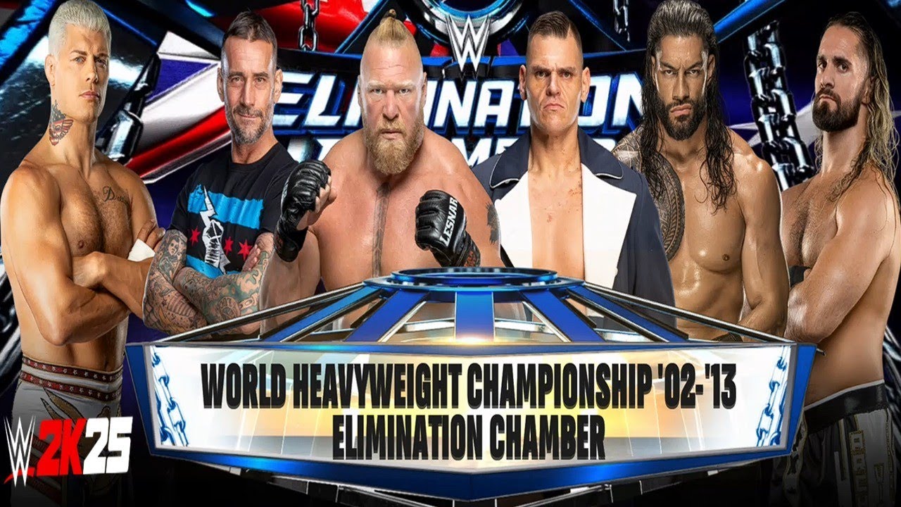 6 Men Elimination Chamber Match Brock Vs Roman Vs Gunther Vs CM Punk Vs Rollins Vs Cody In WWE 2K25