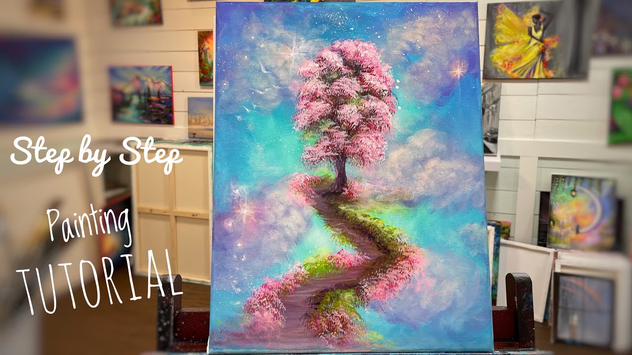 How To Paint “FLOATING PINK TREE” Acrylc Step By Step Tutorial for beginners! 🌸