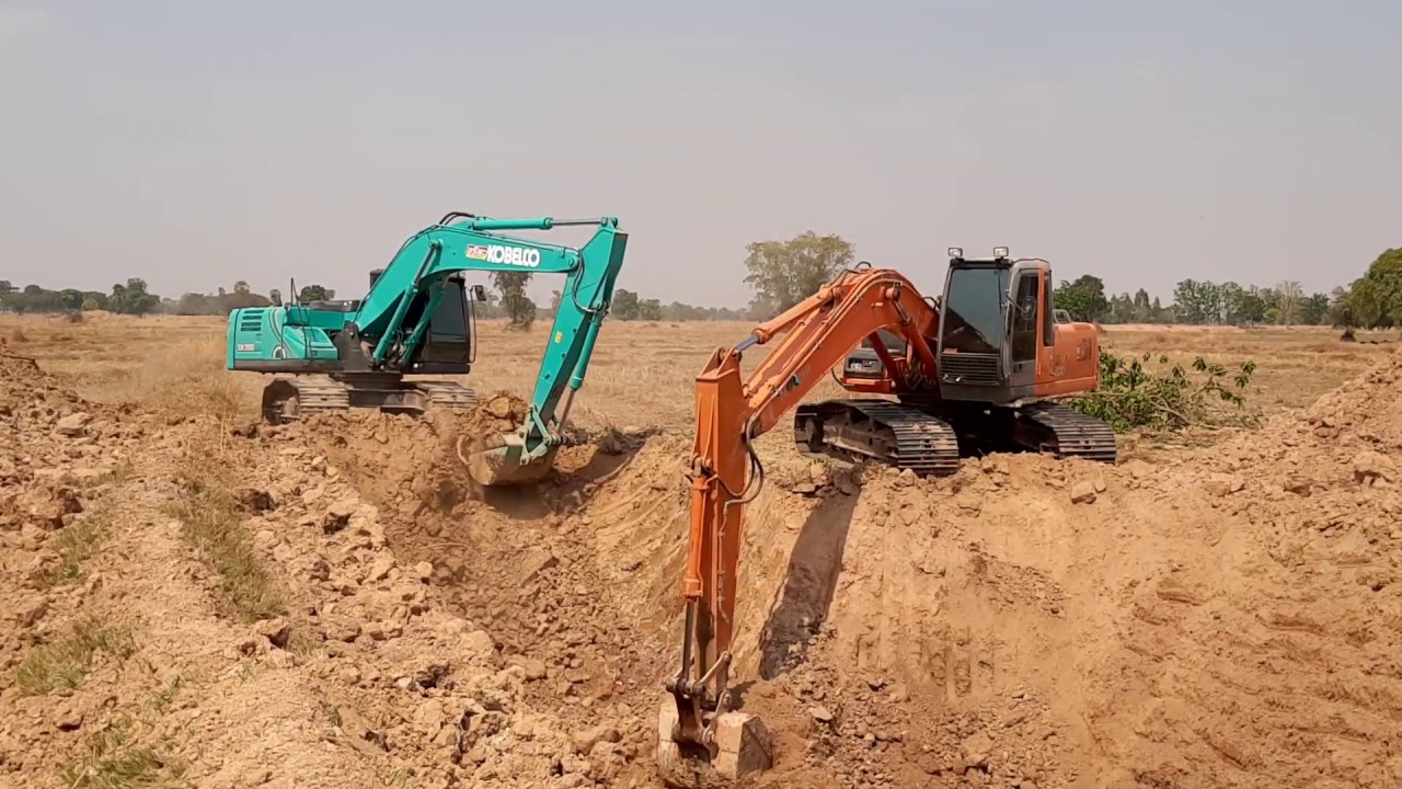 kobelco sk200-10  VS hitachi zx200-1 จัดทั้งคู่ งานขุดคลองส่งน้ำ เล่นสุดบูม excavator EP.6342