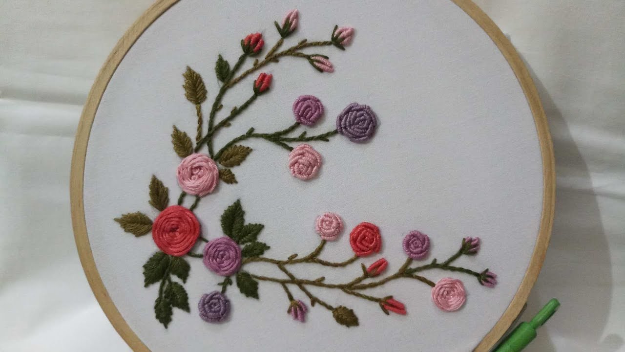 Hand embroidery of rose flowers with Woven Wheel stitch,Stem Stitch and Bullion Stitch