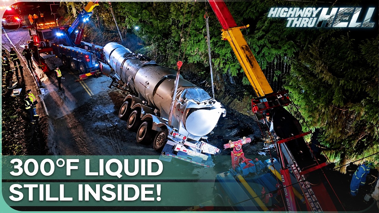 Merv and Jason Recover a Tanker Leaking Hot Rubber | Highway Thru Hell Universe Season 11 Episode 9