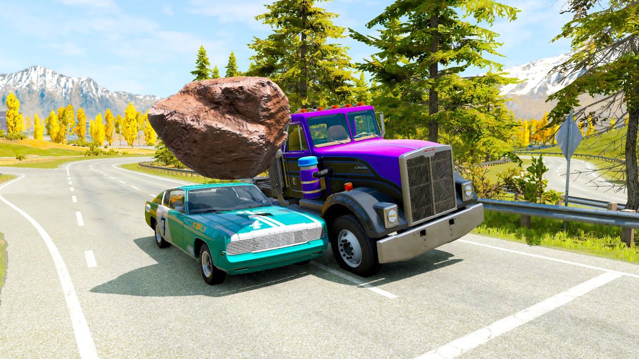Double Flatbed Trailer Truck vs Speedbumps Train vs Cars | Tractor vs Train Beamng.Drive
